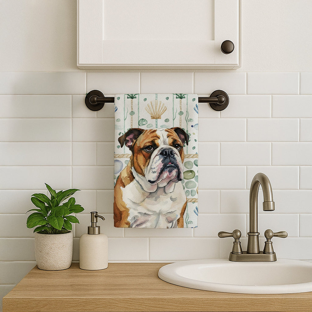 Brindle and White English Bulldog Coastal Sea Glass Kitchen Towel Velour Plush Front and Cotton Loop Back Machine Washable
