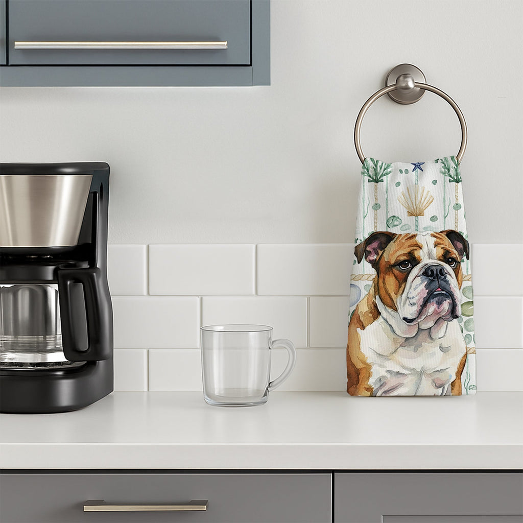 Brindle and White English Bulldog Coastal Sea Glass Kitchen Towel Velour Plush Front and Cotton Loop Back Machine Washable
