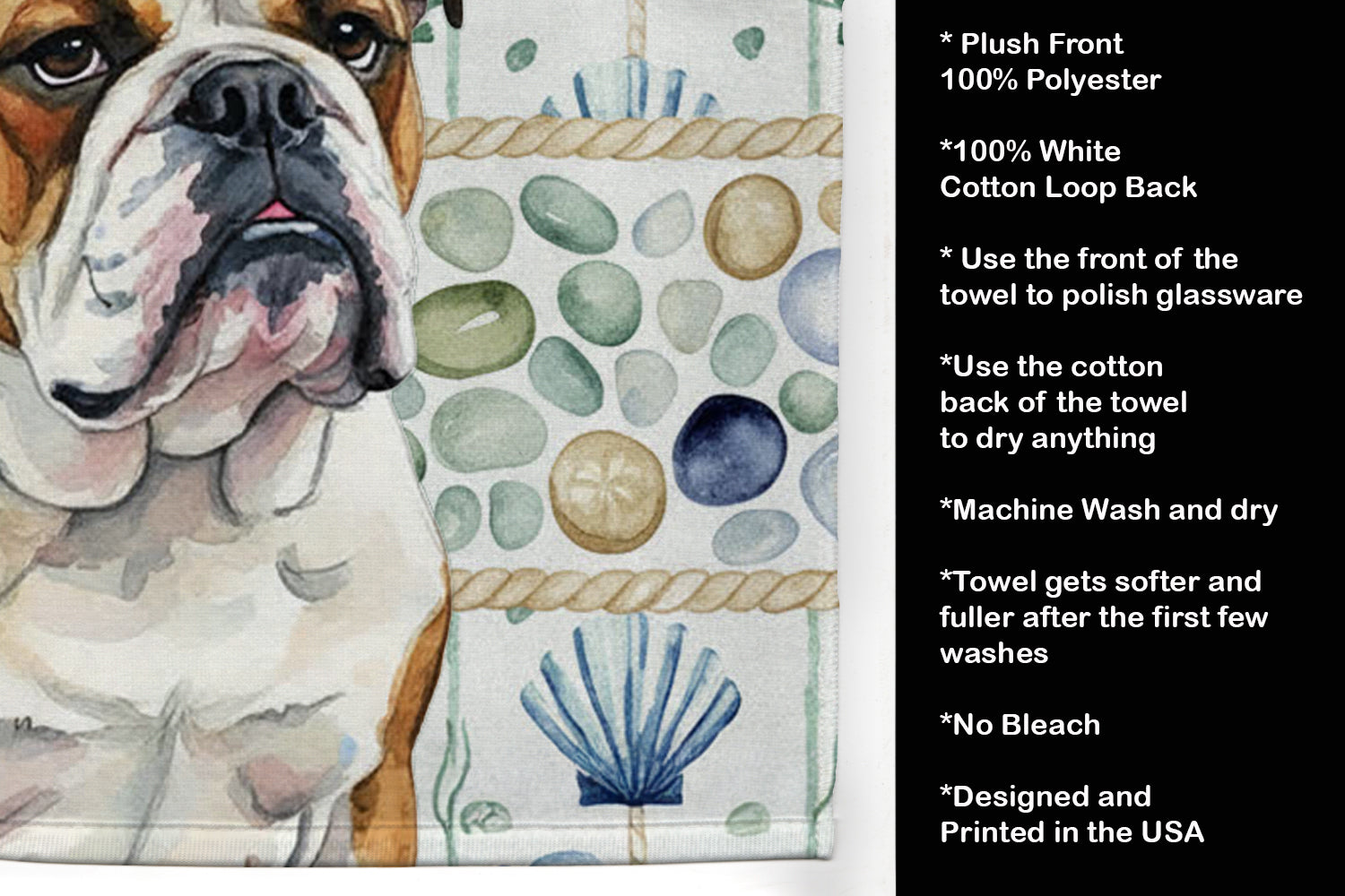 Brindle and White English Bulldog Coastal Sea Glass Kitchen Towel Velour Plush Front and Cotton Loop Back Machine Washable