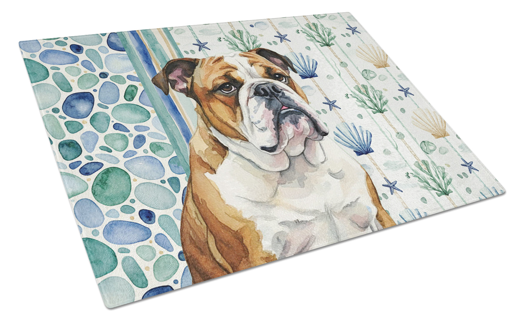 Brindle and White English Bulldog Coastal Sea Glass Cutting Board Tempered Glass Kitchen Cutting Surface, Heat Resistant Chopping, Non-Slip Feet, Food Prep & Serving