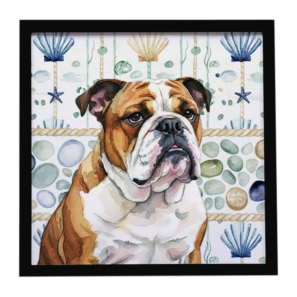 Brindle and White English Bulldog Coastal Sea Glass Framed Metal Print Bathroom, Kitchen, Office, Home Decor Wall Art Ready to Hang, Square, 8X8