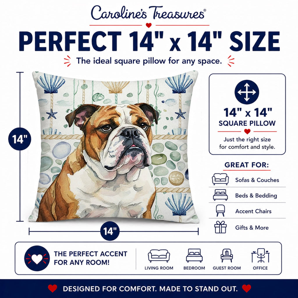 Brindle and White English Bulldog Coastal Sea Glass Decorative Throw Pillow 14x14 Indoor Outdoor Accent Cushion, Fabric Cover with Insert for Sofa, Bed, Porch & Living Room