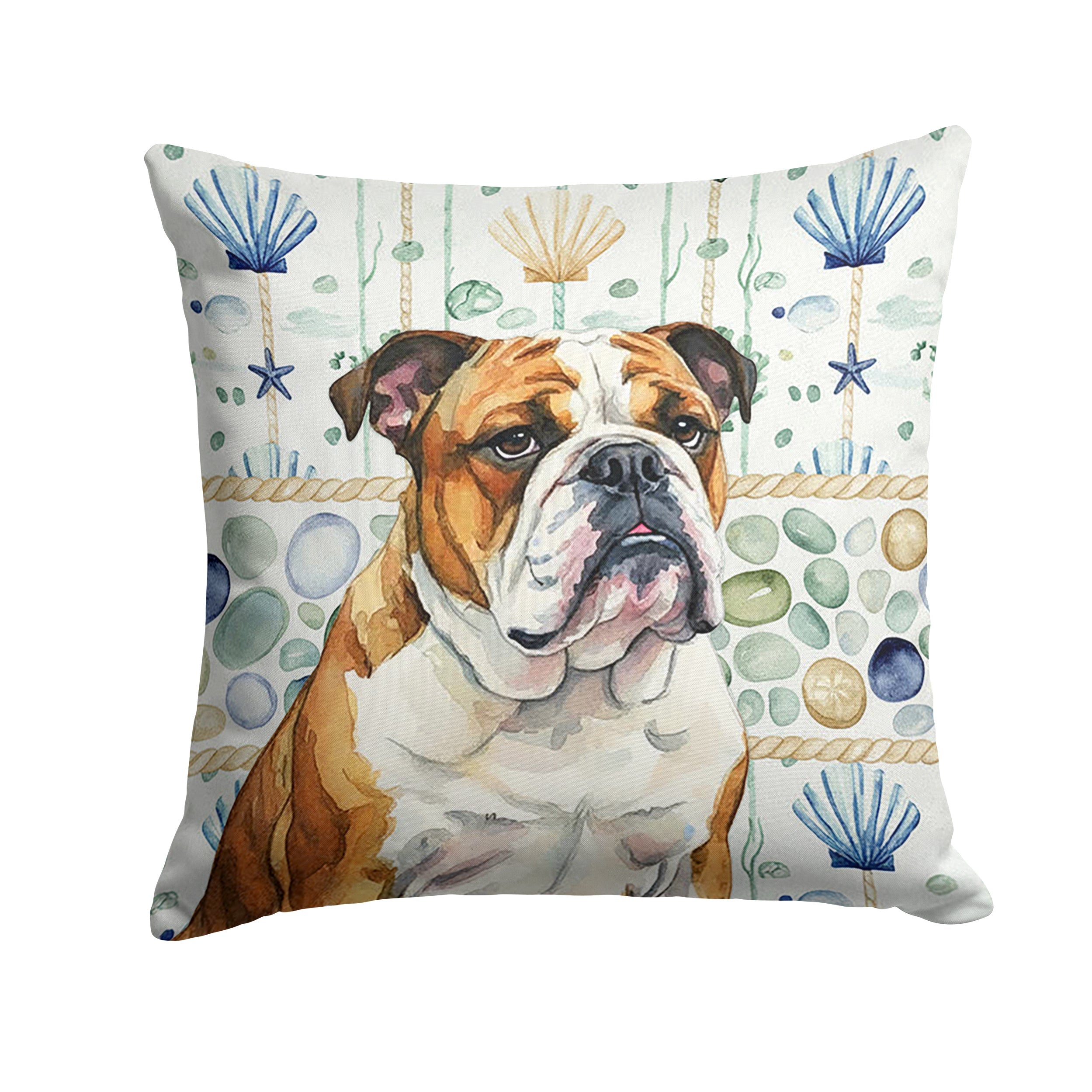 Brindle and White English Bulldog Coastal Sea Glass Decorative Throw Pillow 18x18 Indoor Outdoor Accent Cushion, Fabric Cover with Insert for Sofa, Bed, Porch & Living Room