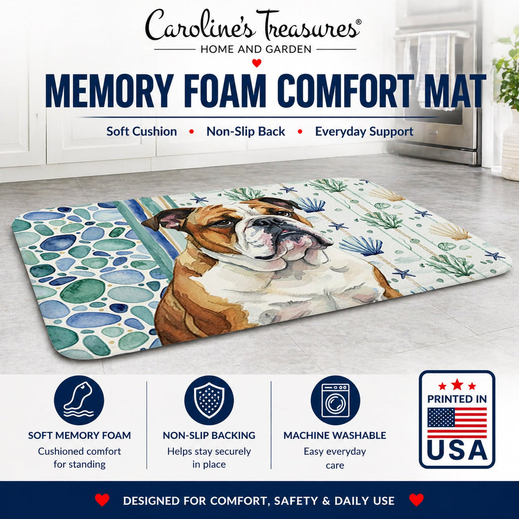 Brindle and White English Bulldog Coastal Sea Glass Memory Foam Kitchen Mat Machine Washable Anti-Fatigue Cushion Comfort Bath or Kitchen Rug