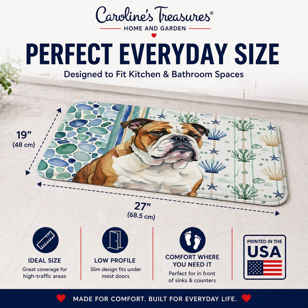 Brindle and White English Bulldog Coastal Sea Glass Memory Foam Kitchen Mat Machine Washable Anti-Fatigue Cushion Comfort Bath or Kitchen Rug