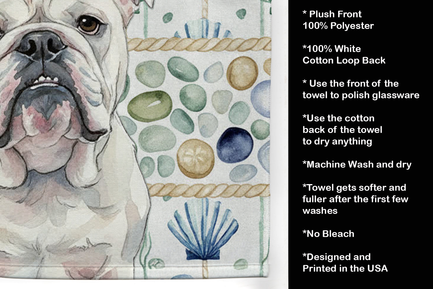 White English Bulldog Coastal Sea Glass Kitchen Towel Velour Plush Front and Cotton Loop Back Machine Washable