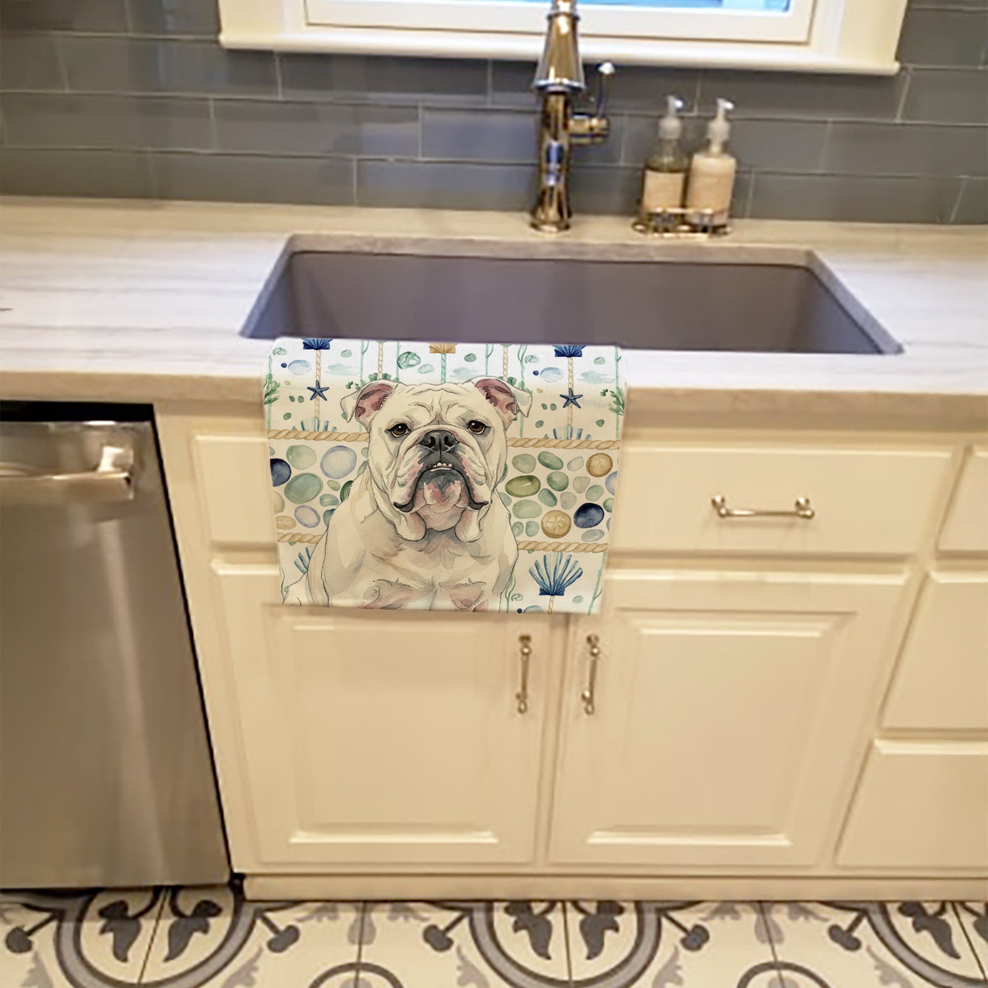 White English Bulldog Coastal Sea Glass Kitchen Towel Velour Plush Front and Cotton Loop Back Machine Washable
