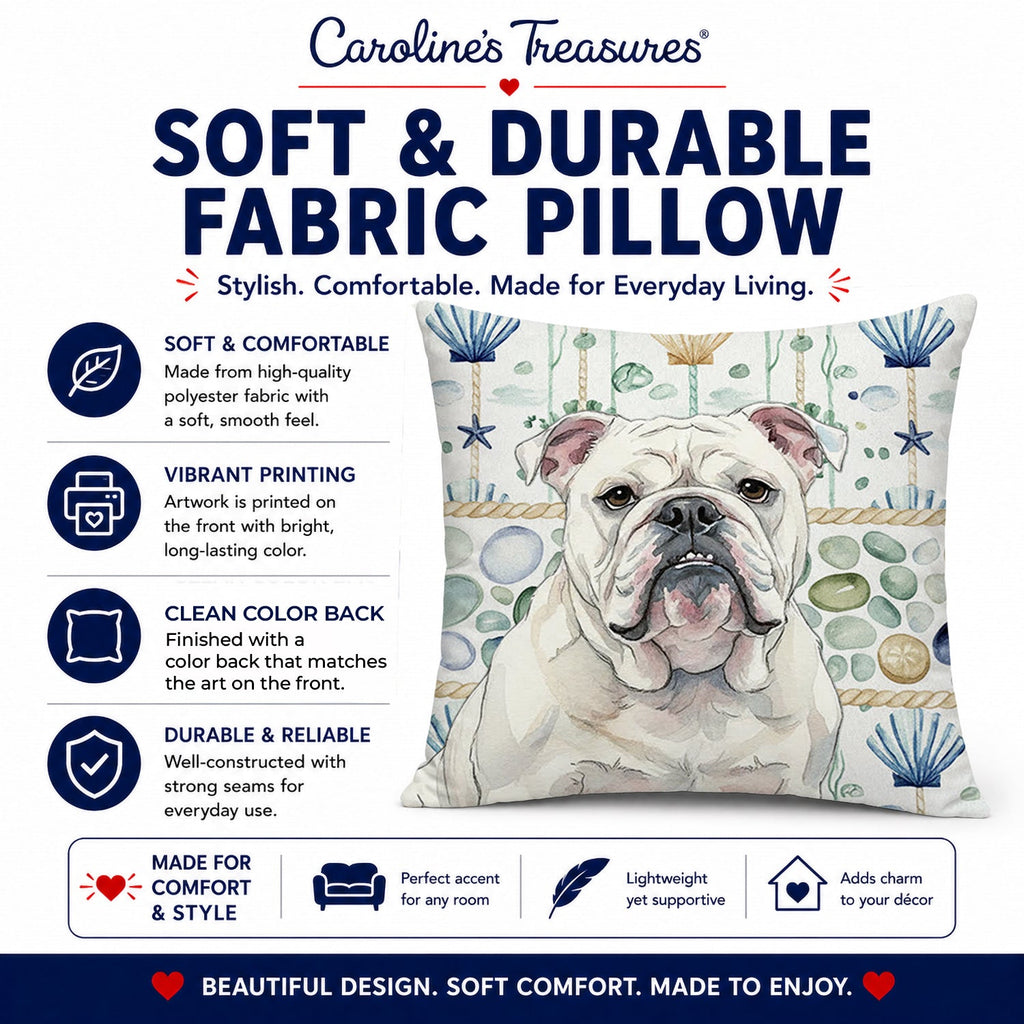 White English Bulldog Coastal Sea Glass Decorative Throw Pillow 14x14 Indoor Outdoor Accent Cushion, Fabric Cover with Insert for Sofa, Bed, Porch & Living Room
