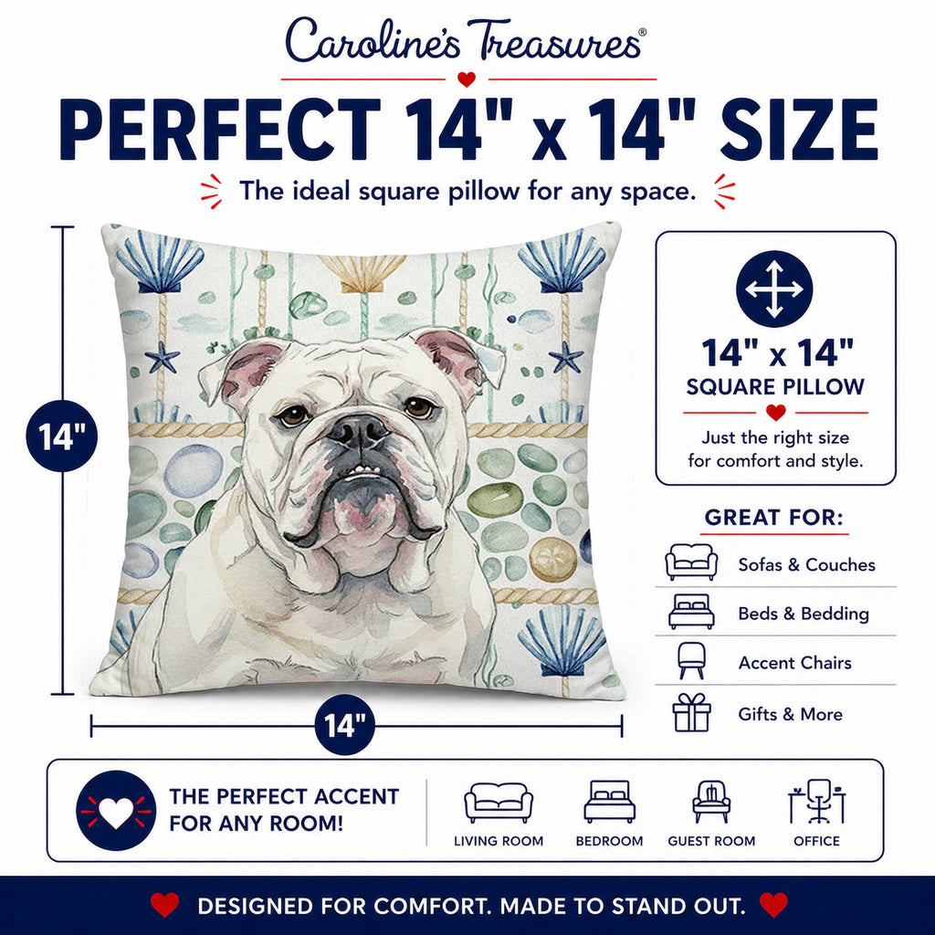 White English Bulldog Coastal Sea Glass Decorative Throw Pillow 14x14 Indoor Outdoor Accent Cushion, Fabric Cover with Insert for Sofa, Bed, Porch & Living Room