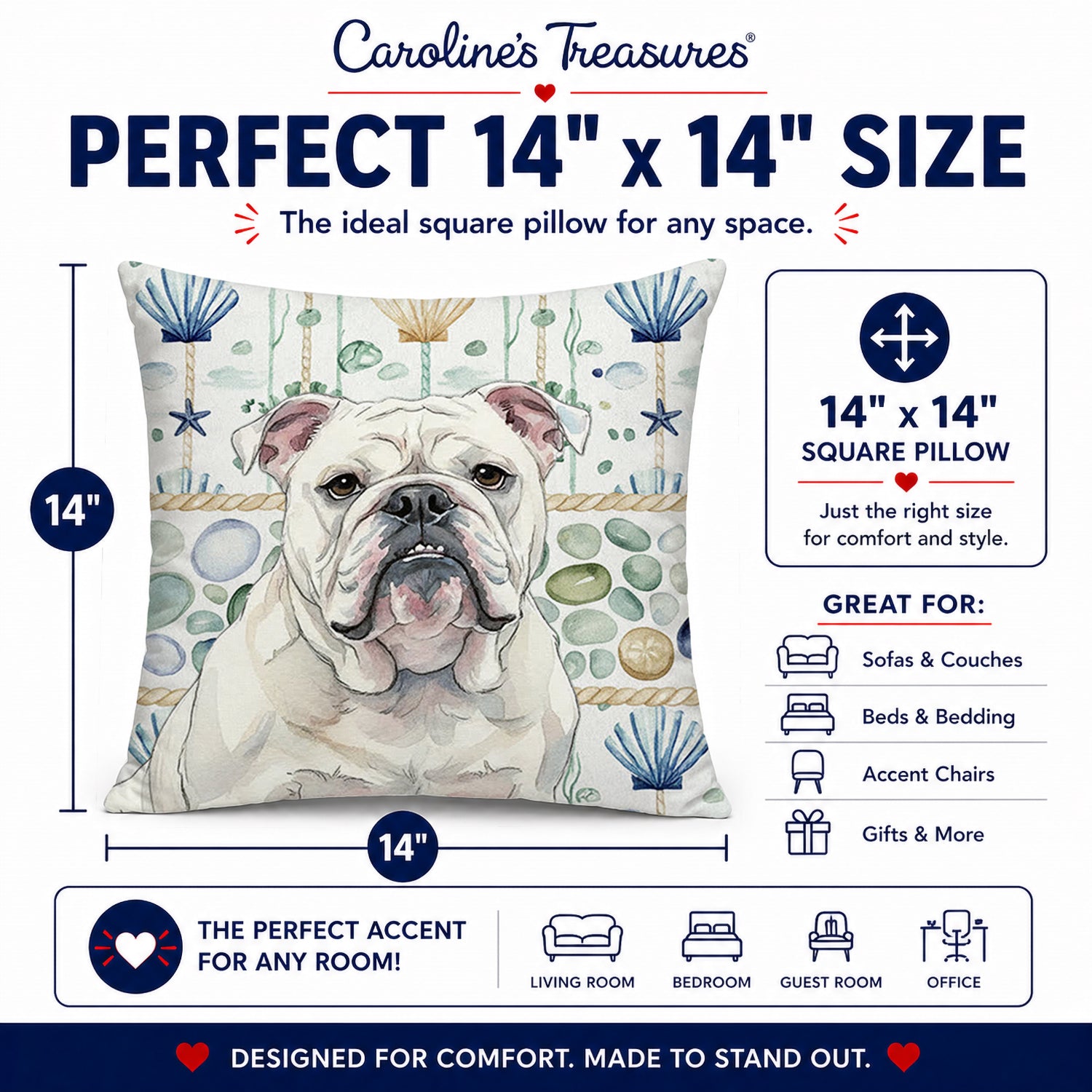 White English Bulldog Coastal Sea Glass Decorative Throw Pillow 14x14 Indoor Outdoor Accent Cushion, Fabric Cover with Insert for Sofa, Bed, Porch & Living Room