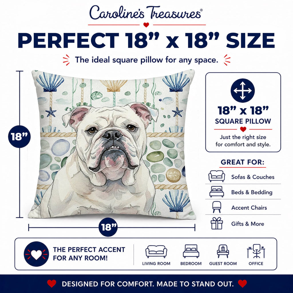 White English Bulldog Coastal Sea Glass Decorative Throw Pillow 18x18 Indoor Outdoor Accent Cushion, Fabric Cover with Insert for Sofa, Bed, Porch & Living Room