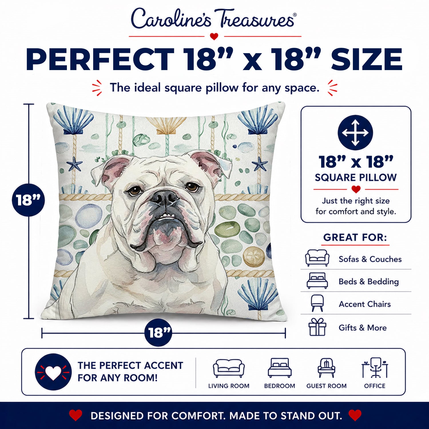 White English Bulldog Coastal Sea Glass Decorative Throw Pillow 18x18 Indoor Outdoor Accent Cushion, Fabric Cover with Insert for Sofa, Bed, Porch & Living Room