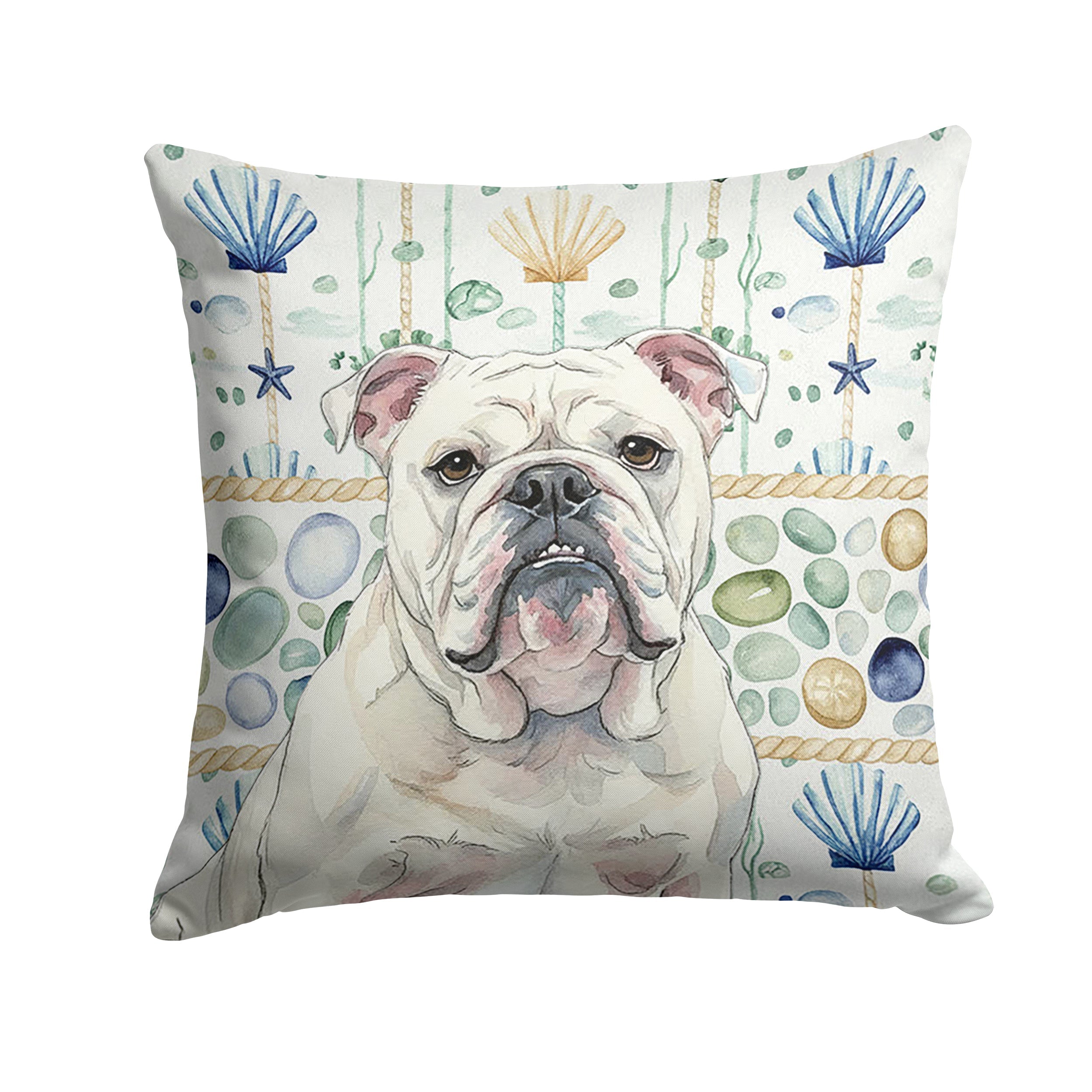 White English Bulldog Coastal Sea Glass Decorative Throw Pillow 18x18 Indoor Outdoor Accent Cushion, Fabric Cover with Insert for Sofa, Bed, Porch & Living Room