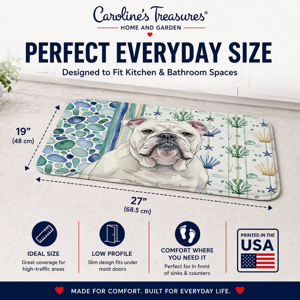 White English Bulldog Coastal Sea Glass Memory Foam Kitchen Mat Machine Washable Anti-Fatigue Cushion Comfort Bath or Kitchen Rug