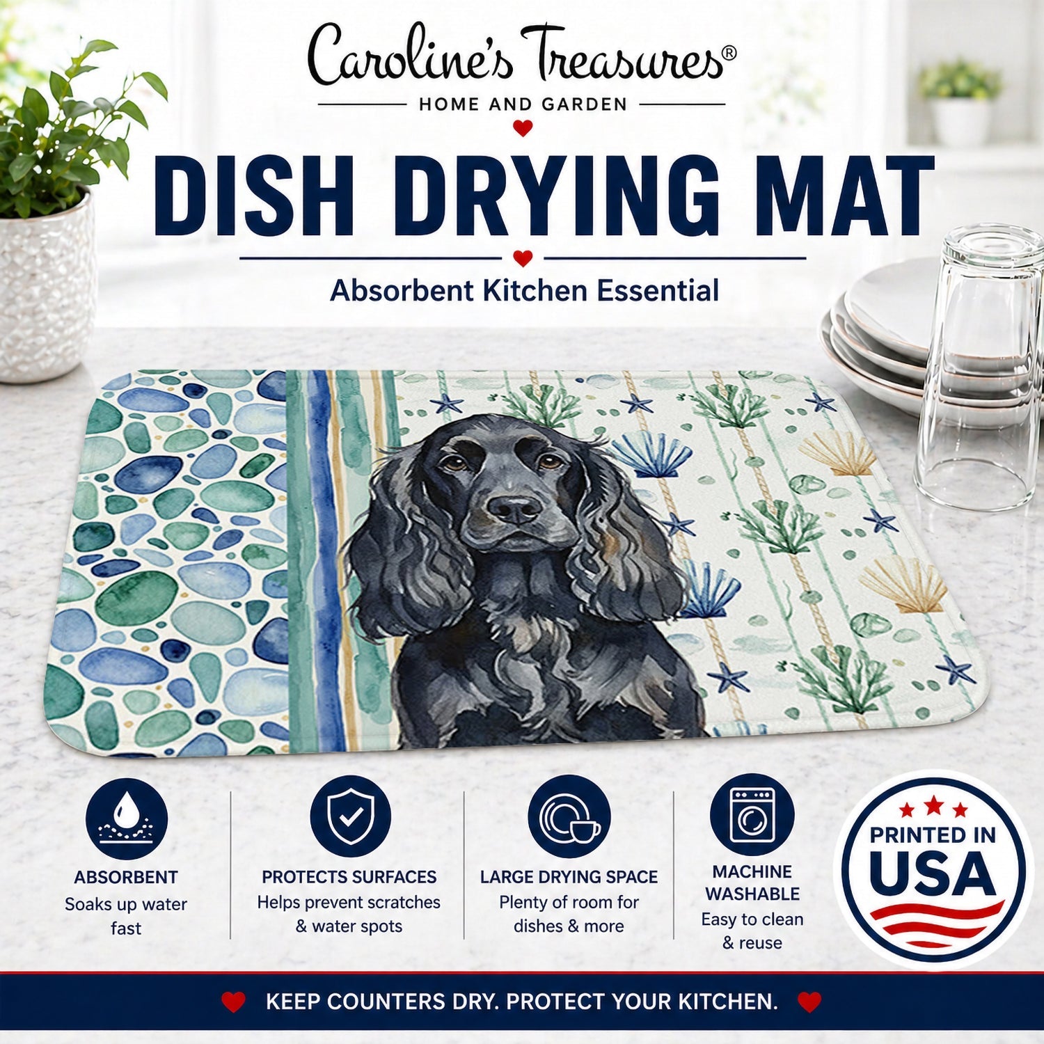 Black English Cocker Spaniel Coastal Sea Glass Dish Drying Mat Absorbent Dish Drying Mat Pad for Kitchen Counter Dish Drainer Mat for Countertop, 14 x 21", Multicolor