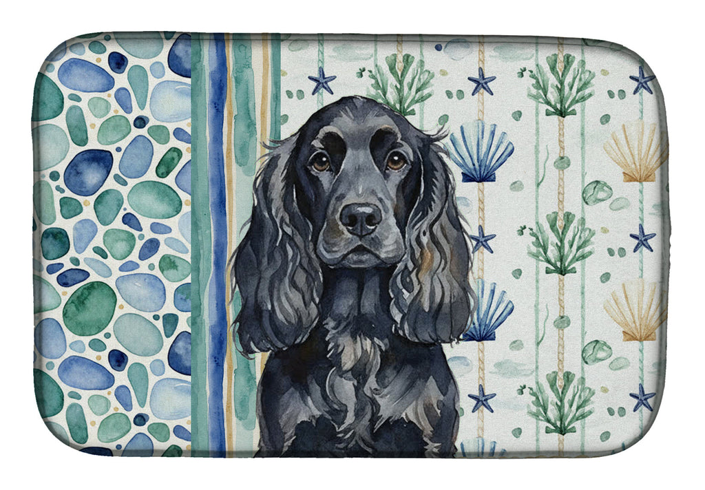 Black English Cocker Spaniel Coastal Sea Glass Dish Drying Mat Absorbent Dish Drying Mat Pad for Kitchen Counter Dish Drainer Mat for Countertop, 14 x 21", Multicolor