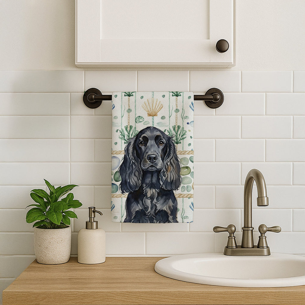 Black English Cocker Spaniel Coastal Sea Glass Kitchen Towel Velour Plush Front and Cotton Loop Back Machine Washable