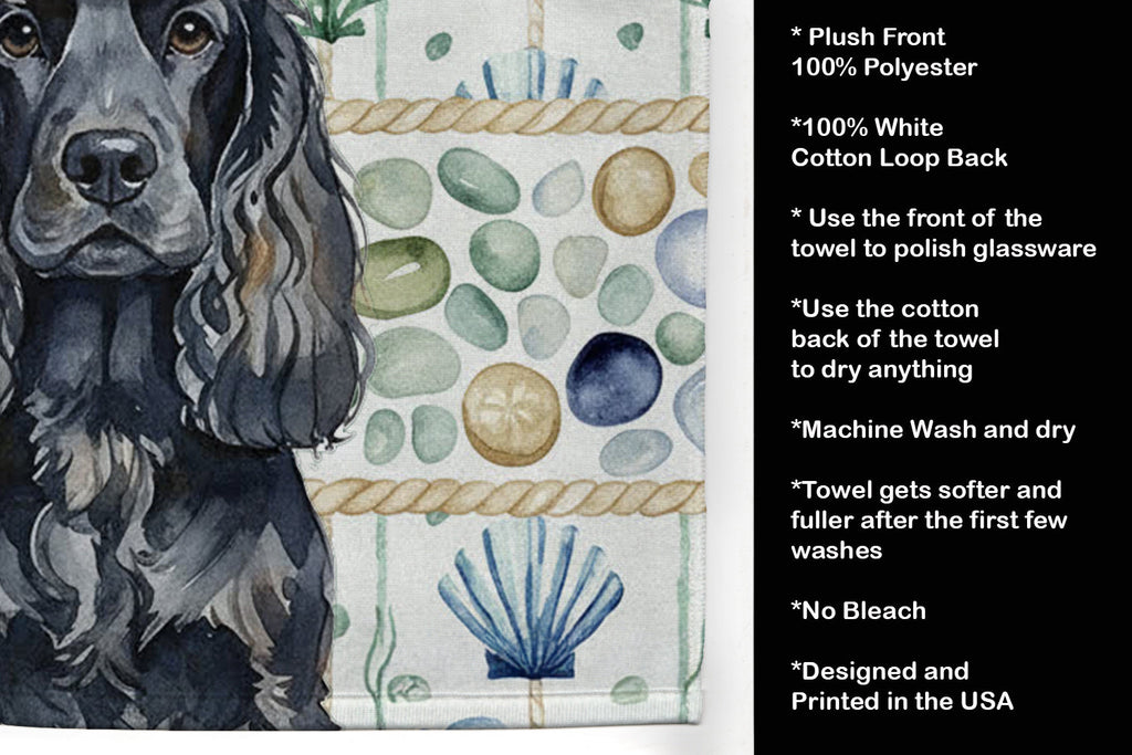 Black English Cocker Spaniel Coastal Sea Glass Kitchen Towel Velour Plush Front and Cotton Loop Back Machine Washable