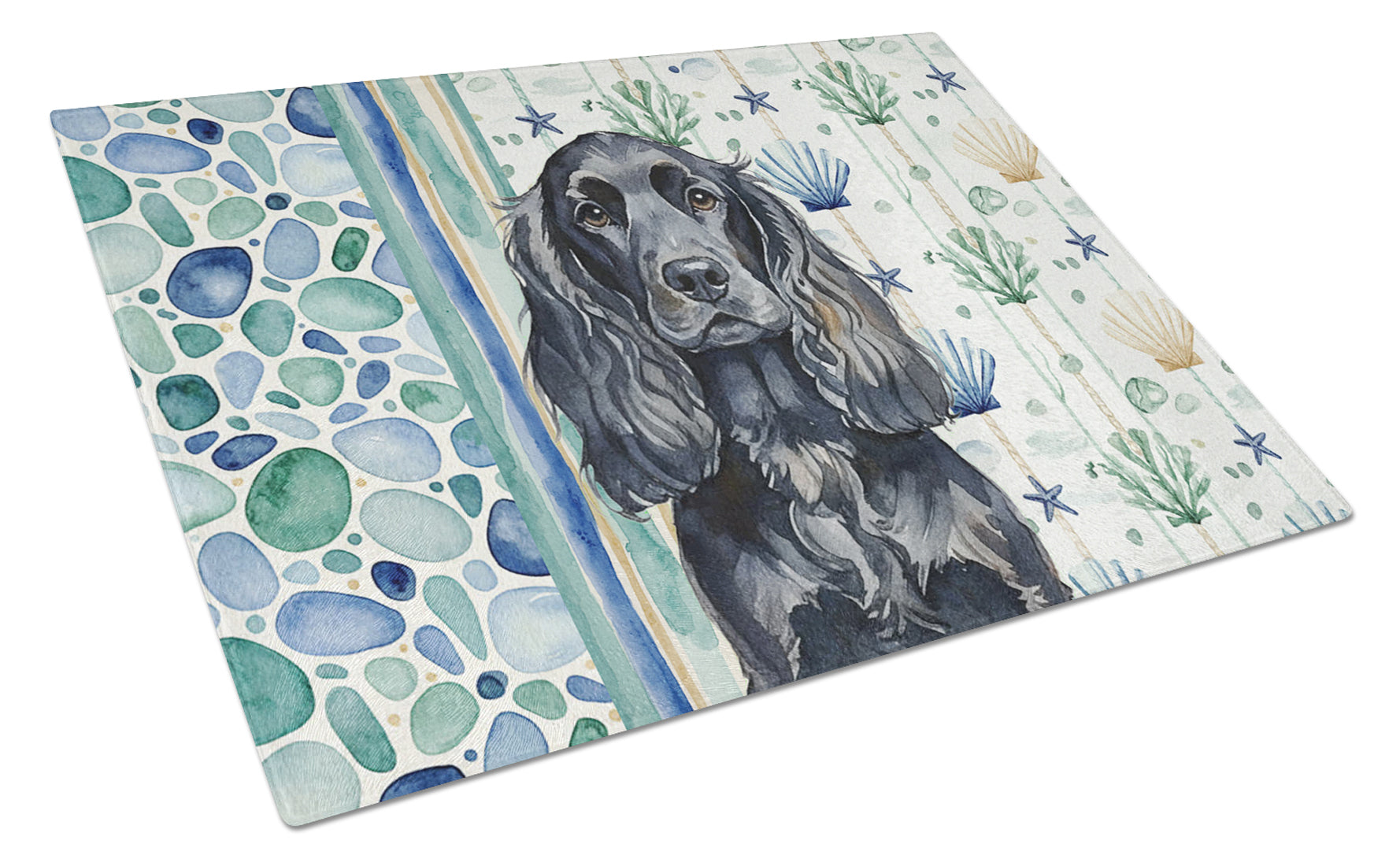 Black English Cocker Spaniel Coastal Sea Glass Cutting Board Tempered Glass Kitchen Cutting Surface, Heat Resistant Chopping, Non-Slip Feet, Food Prep & Serving