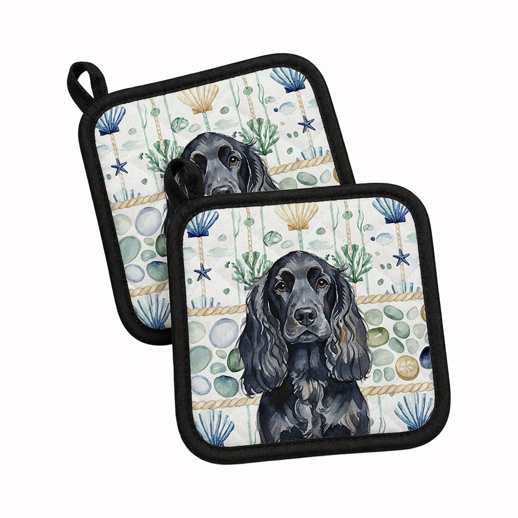 Black English Cocker Spaniel Coastal Sea Glass Pot Holder Set of 2 Heat Resistant Quilted Hot Pads 7.5 x 7.5 Inch, Insulated Kitchen Trivets for Cooking & Baking