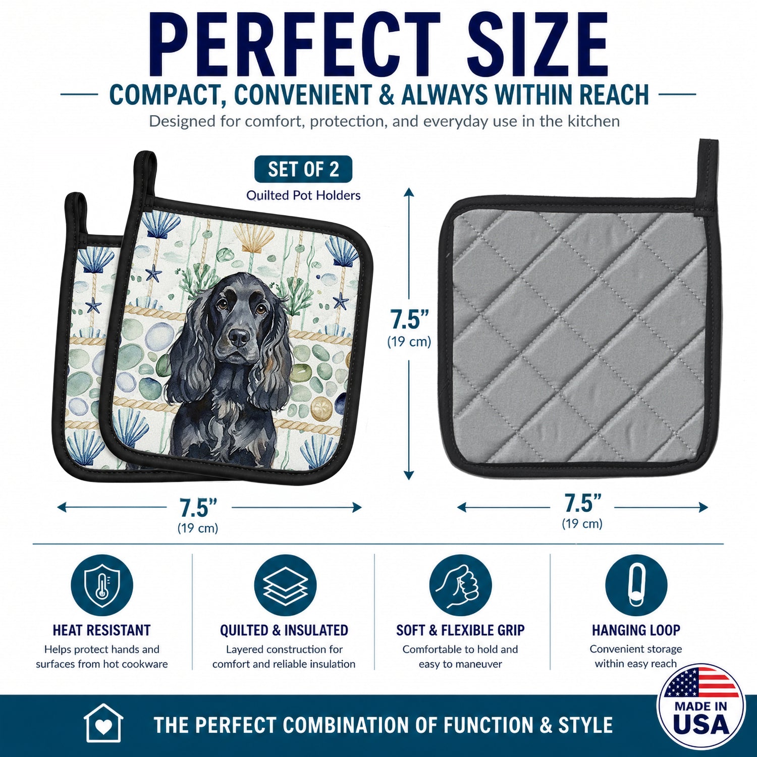 Black English Cocker Spaniel Coastal Sea Glass Pot Holder Set of 2 Heat Resistant Quilted Hot Pads 7.5 x 7.5 Inch, Insulated Kitchen Trivets for Cooking & Baking