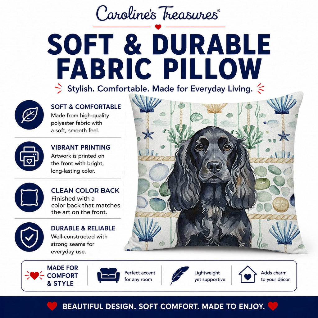 Black English Cocker Spaniel Coastal Sea Glass Decorative Throw Pillow 14x14 Indoor Outdoor Accent Cushion, Fabric Cover with Insert for Sofa, Bed, Porch & Living Room