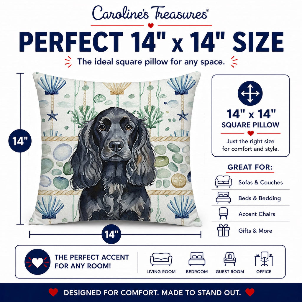 Black English Cocker Spaniel Coastal Sea Glass Decorative Throw Pillow 14x14 Indoor Outdoor Accent Cushion, Fabric Cover with Insert for Sofa, Bed, Porch & Living Room