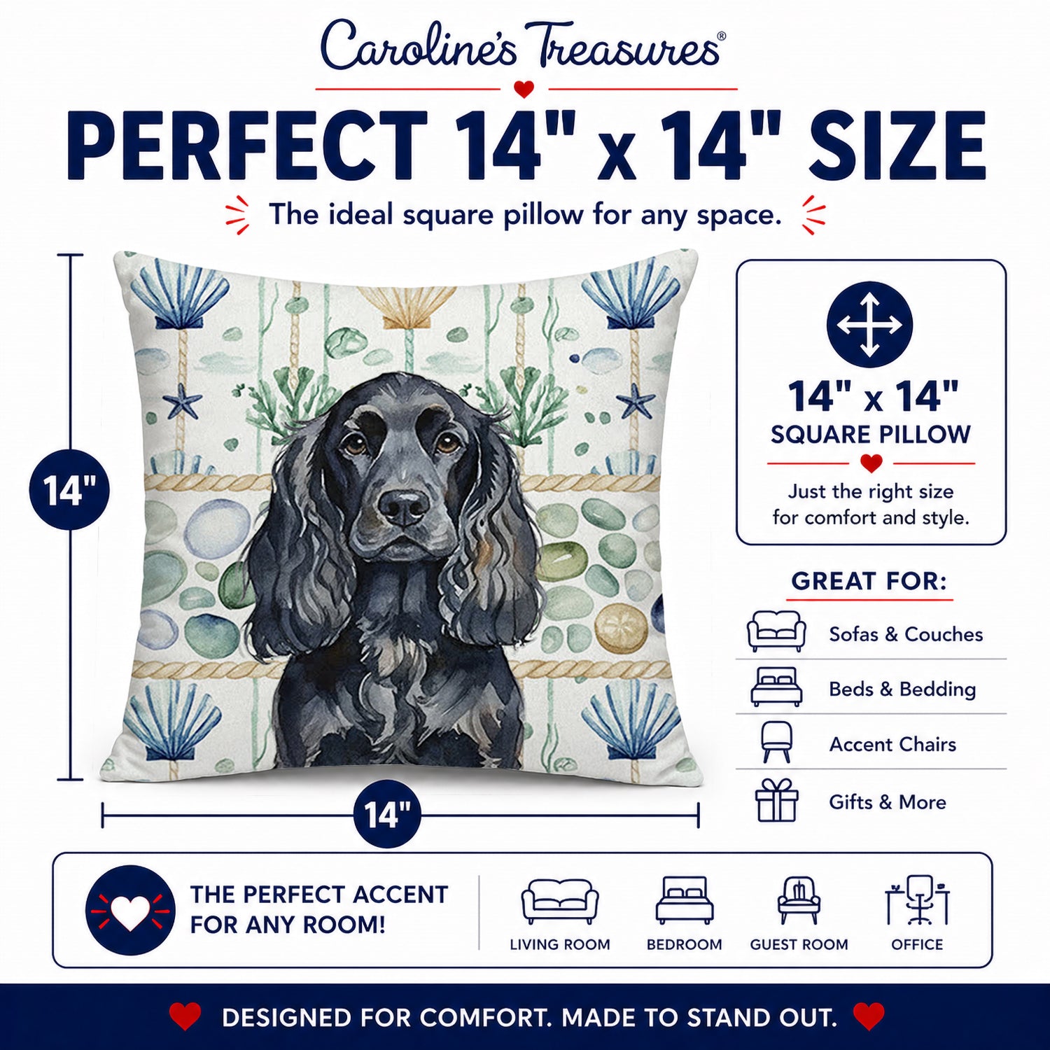 Black English Cocker Spaniel Coastal Sea Glass Decorative Throw Pillow 14x14 Indoor Outdoor Accent Cushion, Fabric Cover with Insert for Sofa, Bed, Porch & Living Room