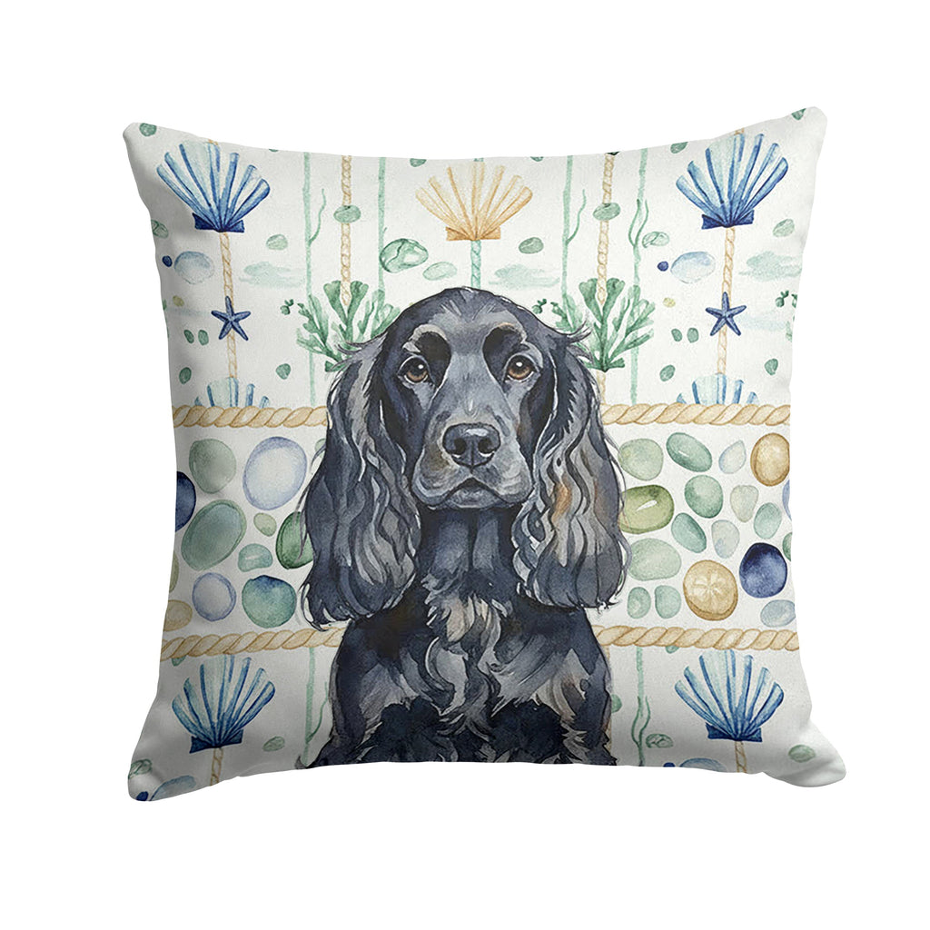 Black English Cocker Spaniel Coastal Sea Glass Decorative Throw Pillow 14x14 Indoor Outdoor Accent Cushion, Fabric Cover with Insert for Sofa, Bed, Porch & Living Room