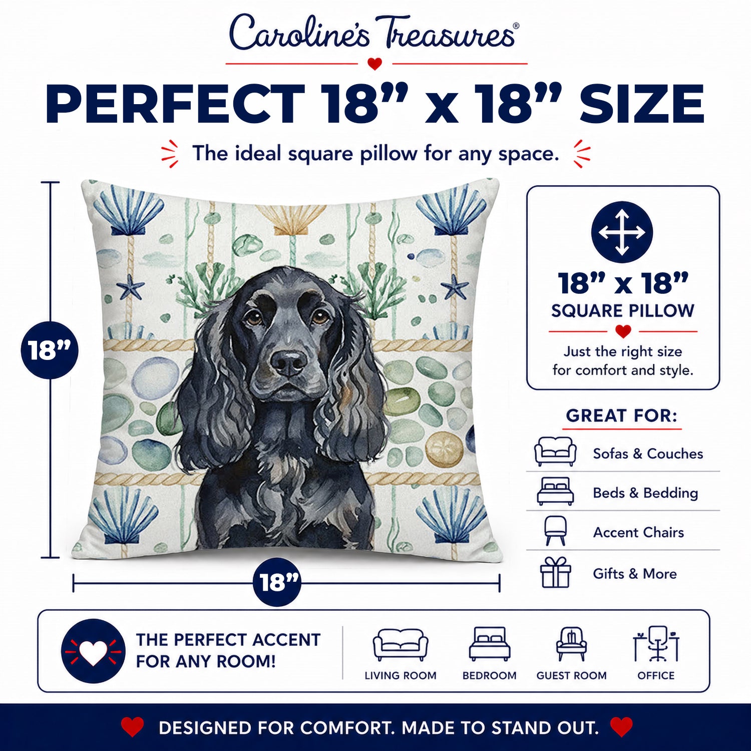 Black English Cocker Spaniel Coastal Sea Glass Decorative Throw Pillow 18x18 Indoor Outdoor Accent Cushion, Fabric Cover with Insert for Sofa, Bed, Porch & Living Room