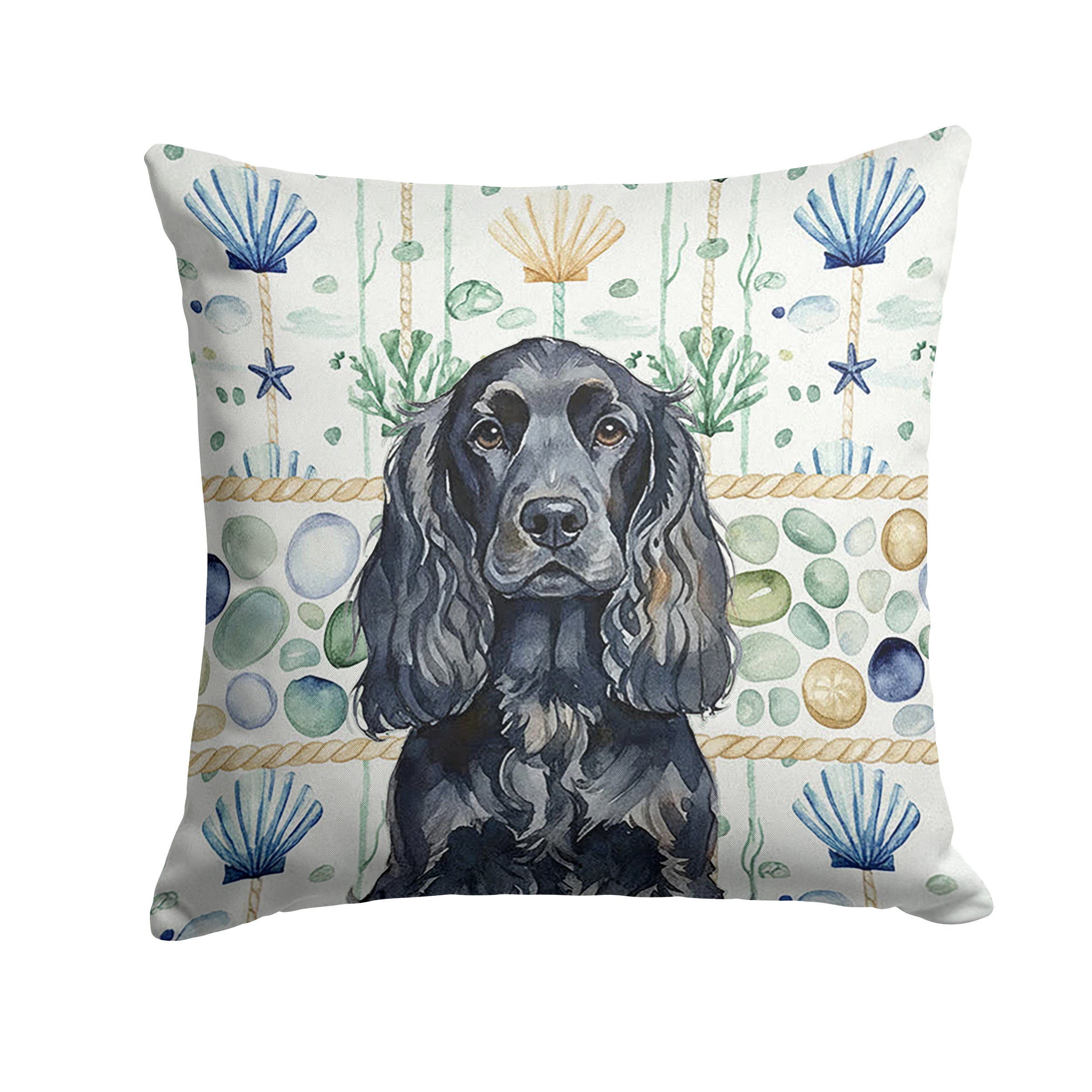 Black English Cocker Spaniel Coastal Sea Glass Decorative Throw Pillow 18x18 Indoor Outdoor Accent Cushion, Fabric Cover with Insert for Sofa, Bed, Porch & Living Room