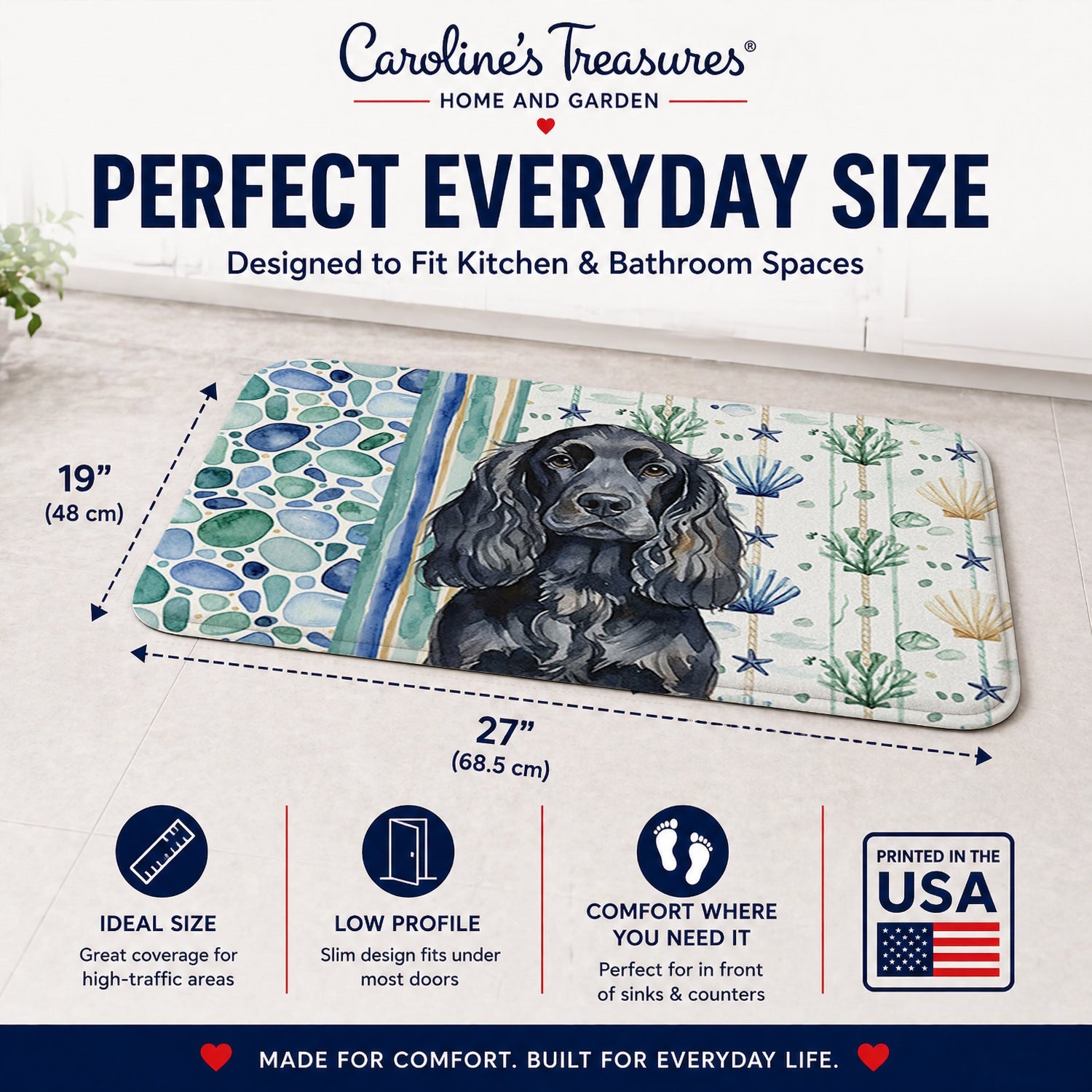 Black English Cocker Spaniel Coastal Sea Glass Memory Foam Kitchen Mat Machine Washable Anti-Fatigue Cushion Comfort Bath or Kitchen Rug