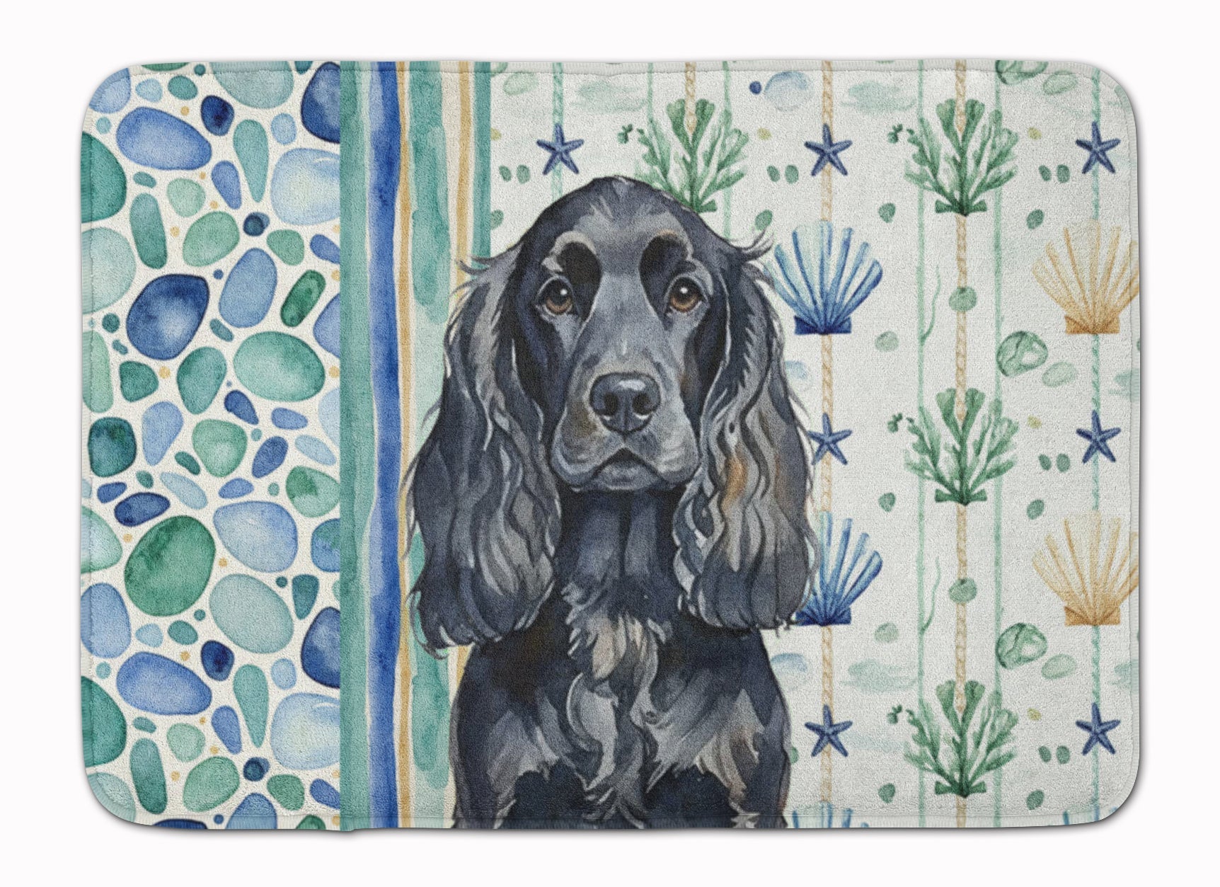 Black English Cocker Spaniel Coastal Sea Glass Memory Foam Kitchen Mat Machine Washable Anti-Fatigue Cushion Comfort Bath or Kitchen Rug