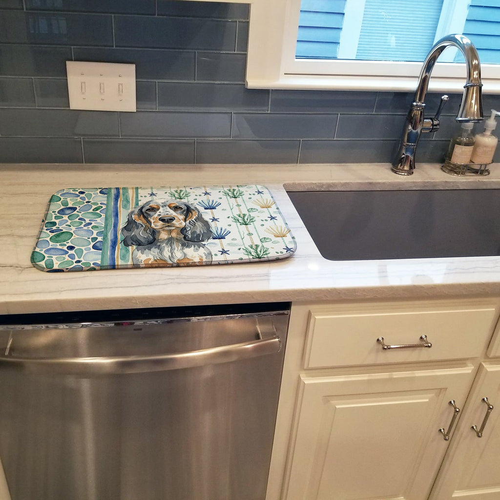 Blue Roan & Tan English Cocker Spaniel Coastal Sea Glass Dish Drying Mat Absorbent Dish Drying Mat Pad for Kitchen Counter Dish Drainer Mat for Countertop, 14 x 21", Multicolor