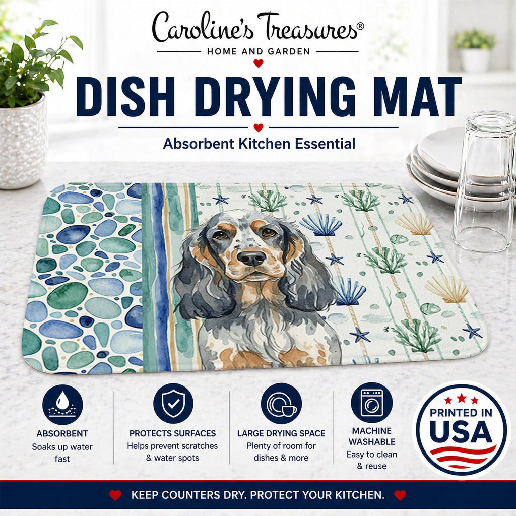 Blue Roan & Tan English Cocker Spaniel Coastal Sea Glass Dish Drying Mat Absorbent Dish Drying Mat Pad for Kitchen Counter Dish Drainer Mat for Countertop, 14 x 21", Multicolor