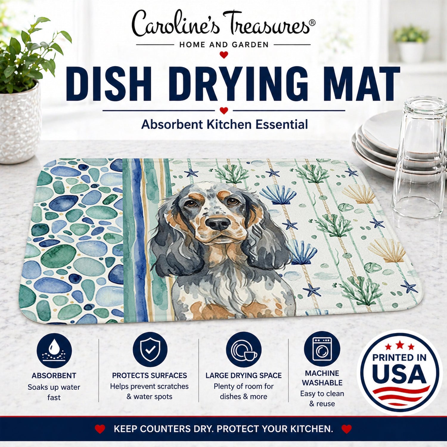 Blue Roan & Tan English Cocker Spaniel Coastal Sea Glass Dish Drying Mat Absorbent Dish Drying Mat Pad for Kitchen Counter Dish Drainer Mat for Countertop, 14 x 21", Multicolor