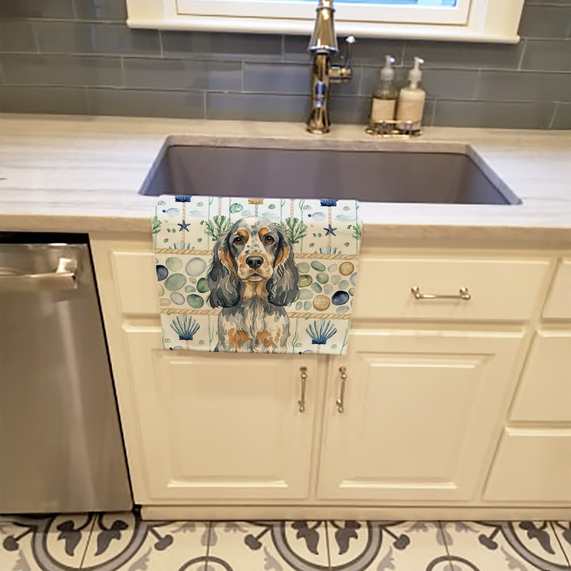 Blue Roan & Tan English Cocker Spaniel Coastal Sea Glass Kitchen Towel Velour Plush Front and Cotton Loop Back Machine Washable
