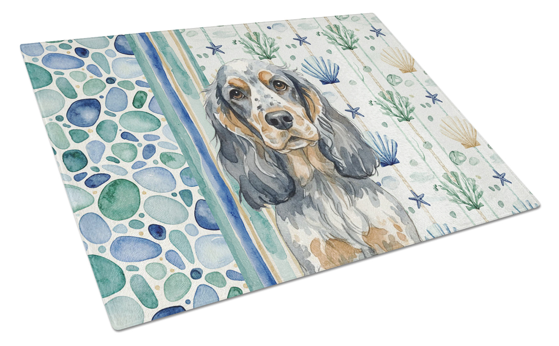 Blue Roan & Tan English Cocker Spaniel Coastal Sea Glass Cutting Board Tempered Glass Kitchen Cutting Surface, Heat Resistant Chopping, Non-Slip Feet, Food Prep & Serving