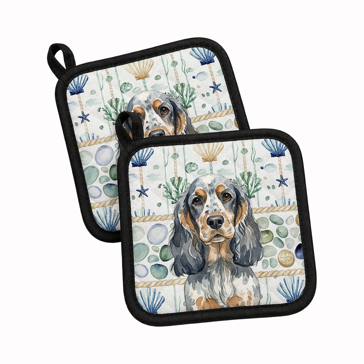 Blue Roan & Tan English Cocker Spaniel Coastal Sea Glass Pot Holder Set of 2 Heat Resistant Quilted Hot Pads 7.5 x 7.5 Inch, Insulated Kitchen Trivets for Cooking & Baking