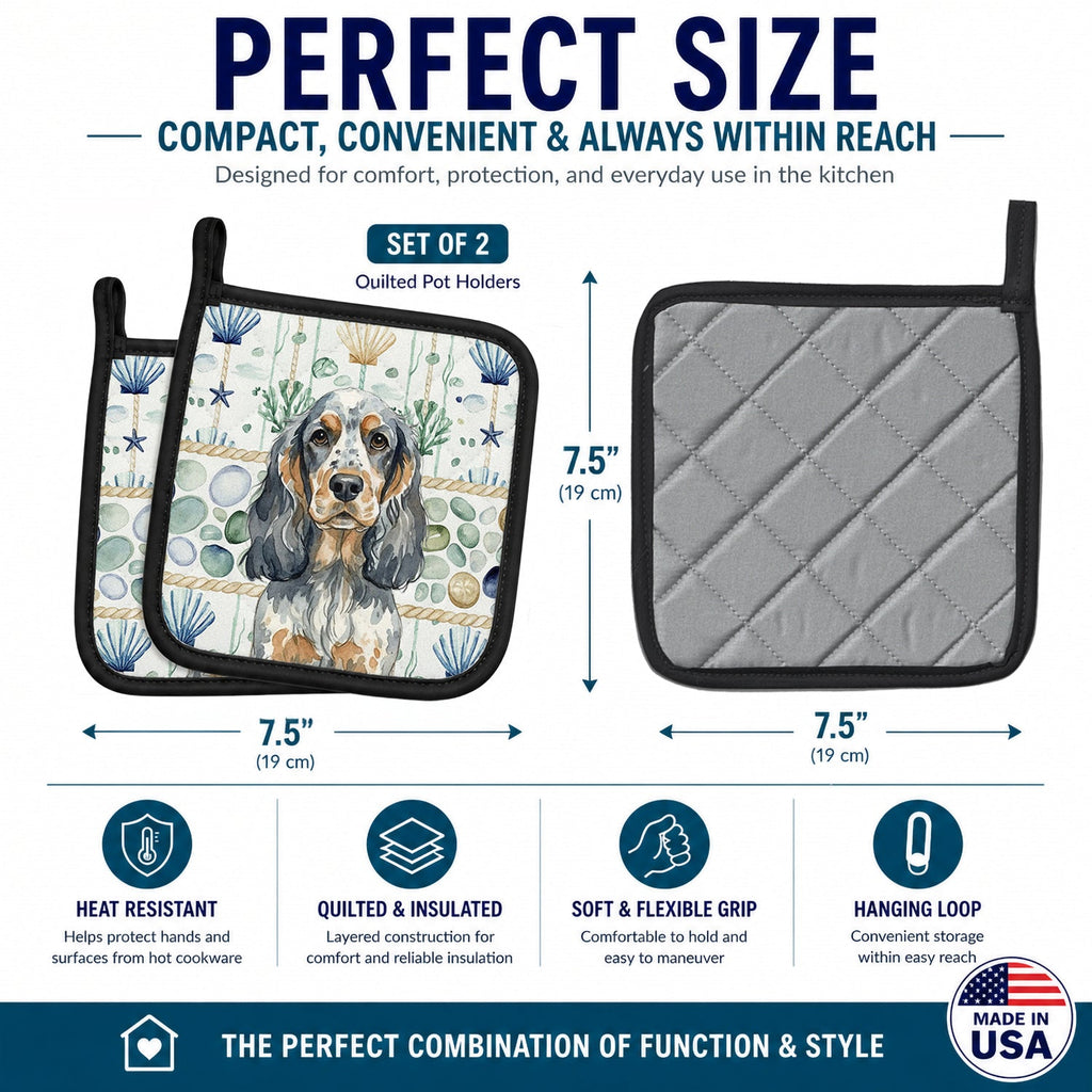 Blue Roan & Tan English Cocker Spaniel Coastal Sea Glass Pot Holder Set of 2 Heat Resistant Quilted Hot Pads 7.5 x 7.5 Inch, Insulated Kitchen Trivets for Cooking & Baking
