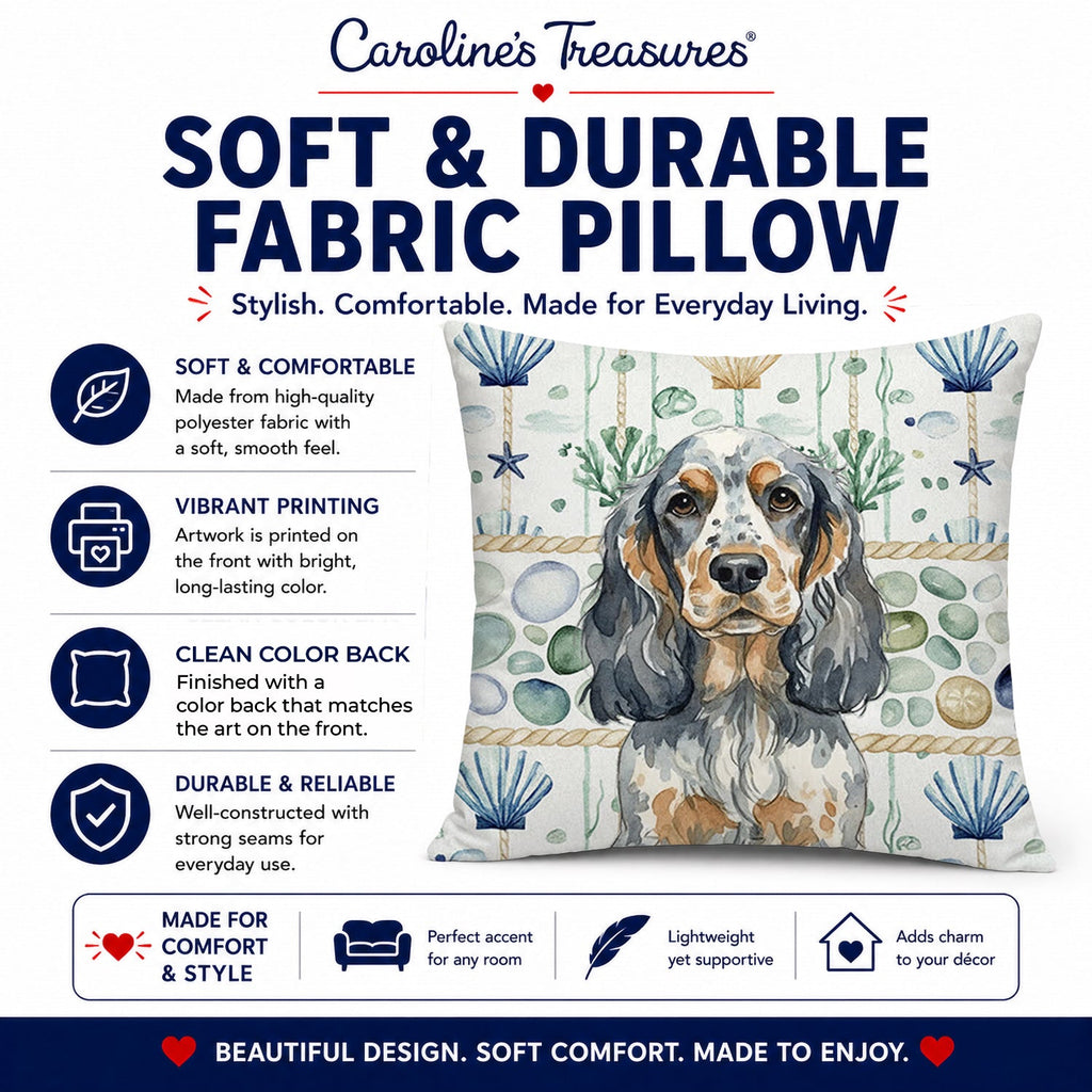 Blue Roan & Tan English Cocker Spaniel Coastal Sea Glass Decorative Throw Pillow 14x14 Indoor Outdoor Accent Cushion, Fabric Cover with Insert for Sofa, Bed, Porch & Living Room