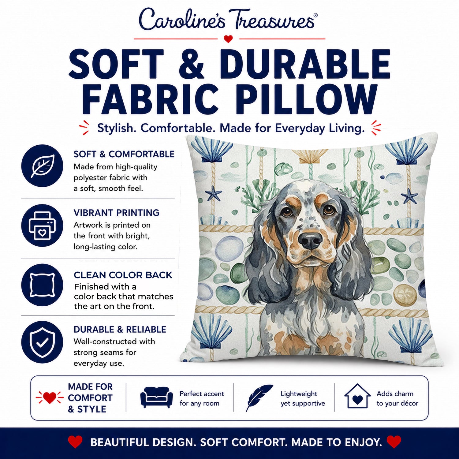 Blue Roan & Tan English Cocker Spaniel Coastal Sea Glass Decorative Throw Pillow 18x18 Indoor Outdoor Accent Cushion, Fabric Cover with Insert for Sofa, Bed, Porch & Living Room