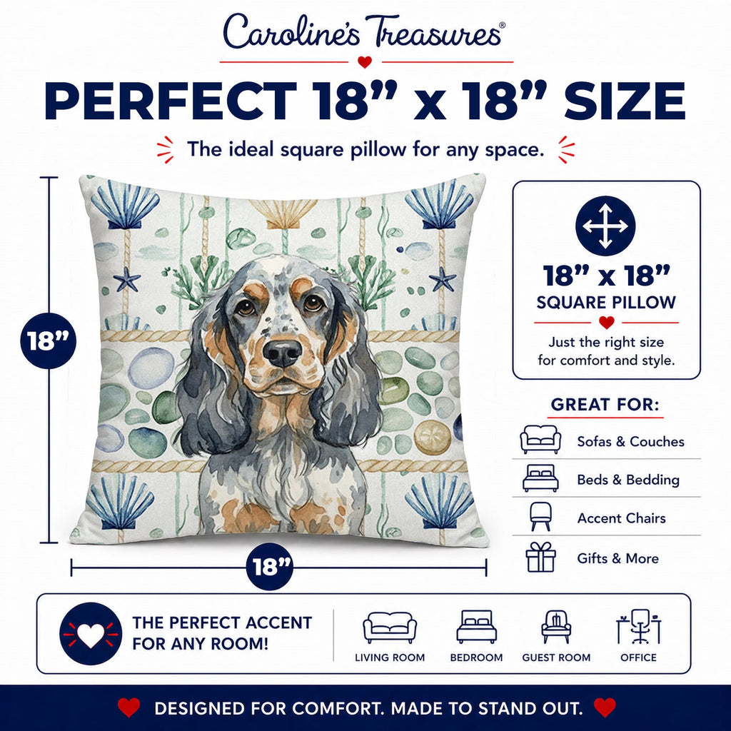 Blue Roan & Tan English Cocker Spaniel Coastal Sea Glass Decorative Throw Pillow 18x18 Indoor Outdoor Accent Cushion, Fabric Cover with Insert for Sofa, Bed, Porch & Living Room