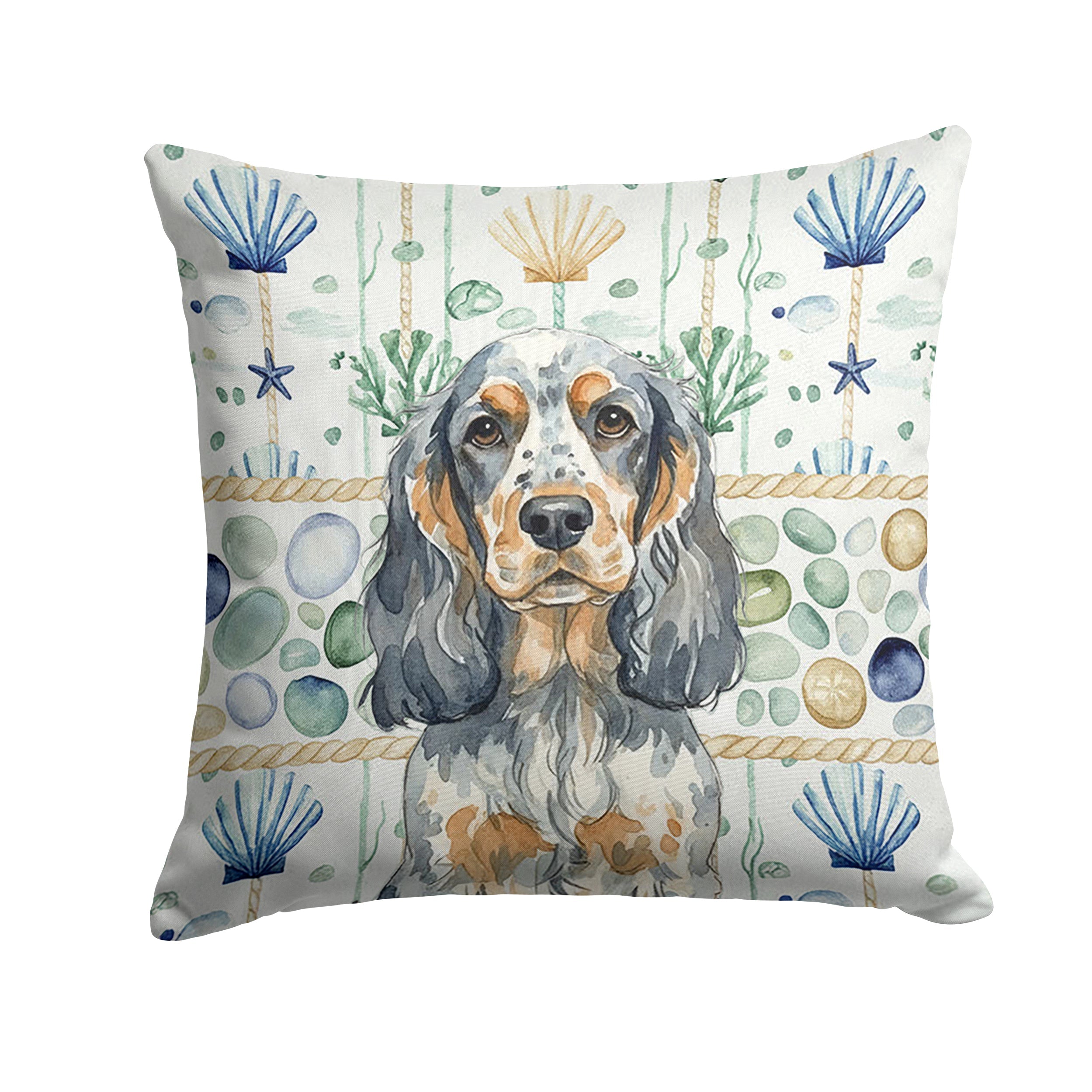 Blue Roan & Tan English Cocker Spaniel Coastal Sea Glass Decorative Throw Pillow 18x18 Indoor Outdoor Accent Cushion, Fabric Cover with Insert for Sofa, Bed, Porch & Living Room