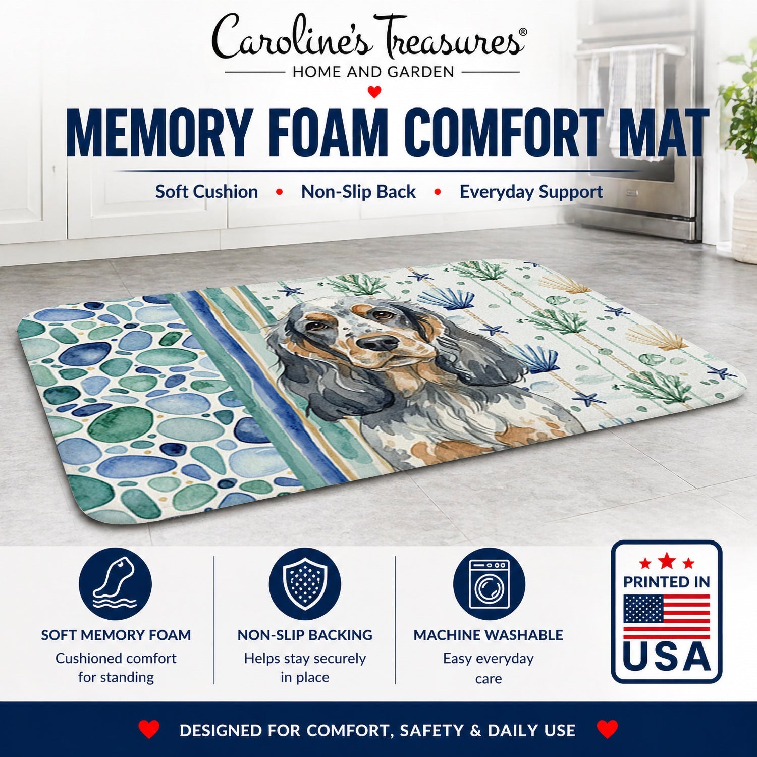 Blue Roan & Tan English Cocker Spaniel Coastal Sea Glass Memory Foam Kitchen Mat Machine Washable Anti-Fatigue Cushion Comfort Bath or Kitchen Rug