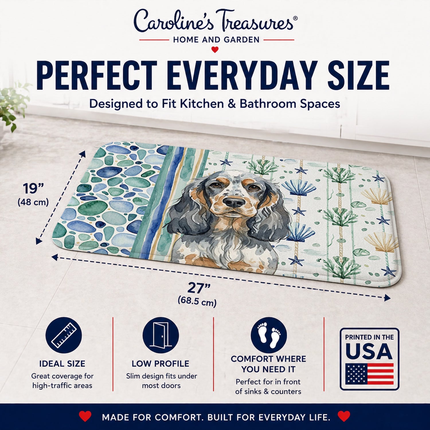 Blue Roan & Tan English Cocker Spaniel Coastal Sea Glass Memory Foam Kitchen Mat Machine Washable Anti-Fatigue Cushion Comfort Bath or Kitchen Rug