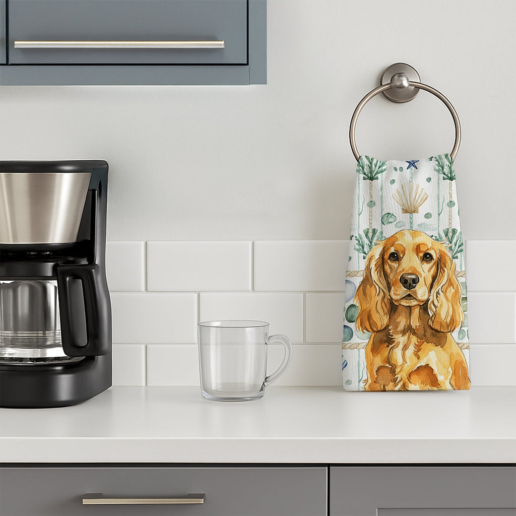 Golden English Cocker Spaniel Coastal Sea Glass Kitchen Towel Velour Plush Front and Cotton Loop Back Machine Washable