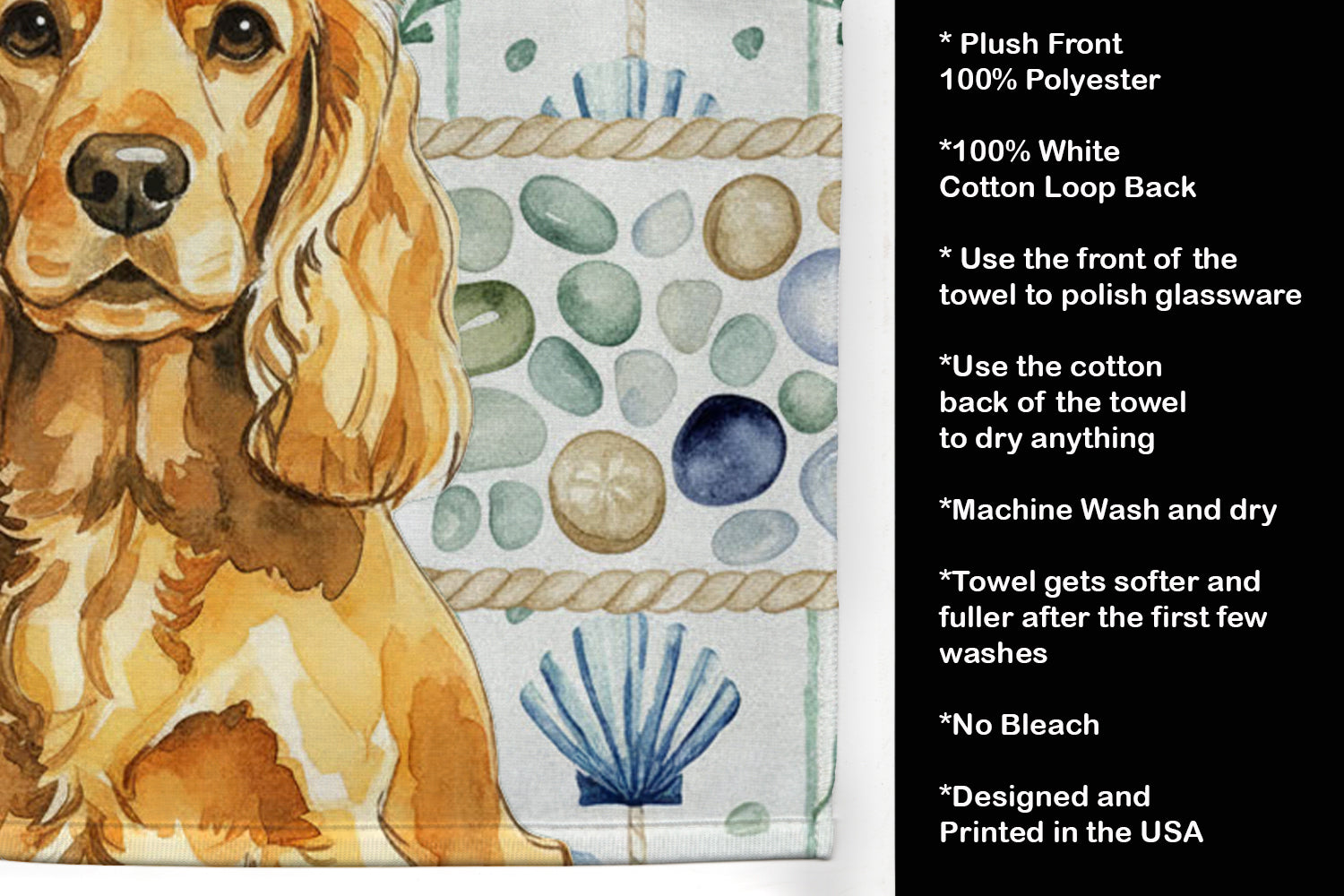 Golden English Cocker Spaniel Coastal Sea Glass Kitchen Towel Velour Plush Front and Cotton Loop Back Machine Washable