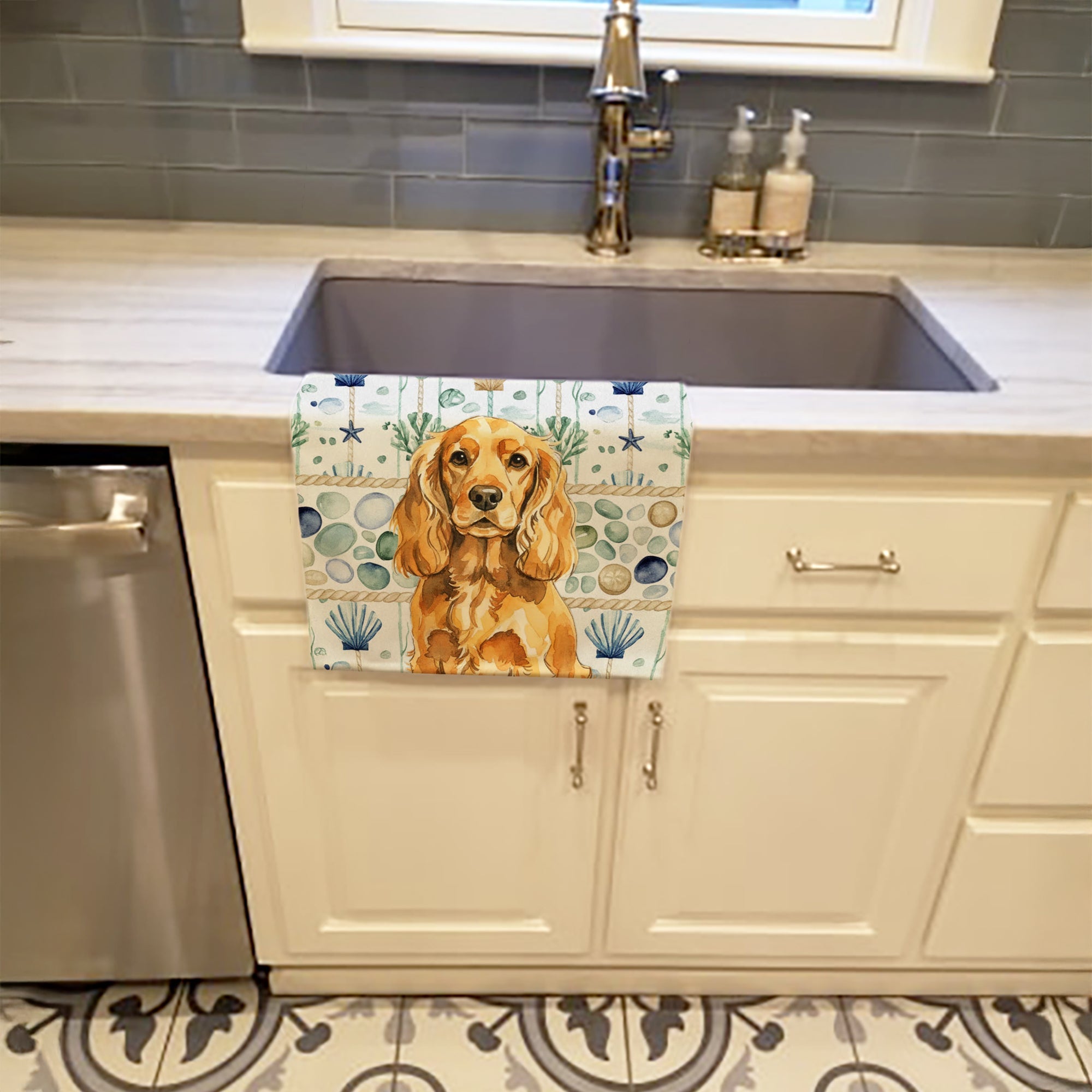 Golden English Cocker Spaniel Coastal Sea Glass Kitchen Towel Velour Plush Front and Cotton Loop Back Machine Washable