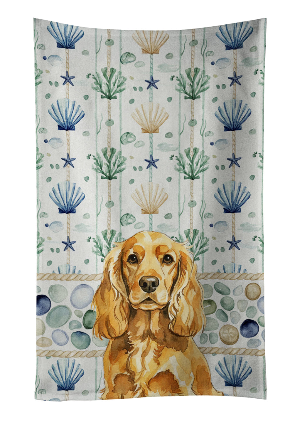 Golden English Cocker Spaniel Coastal Sea Glass Kitchen Towel Velour Plush Front and Cotton Loop Back Machine Washable